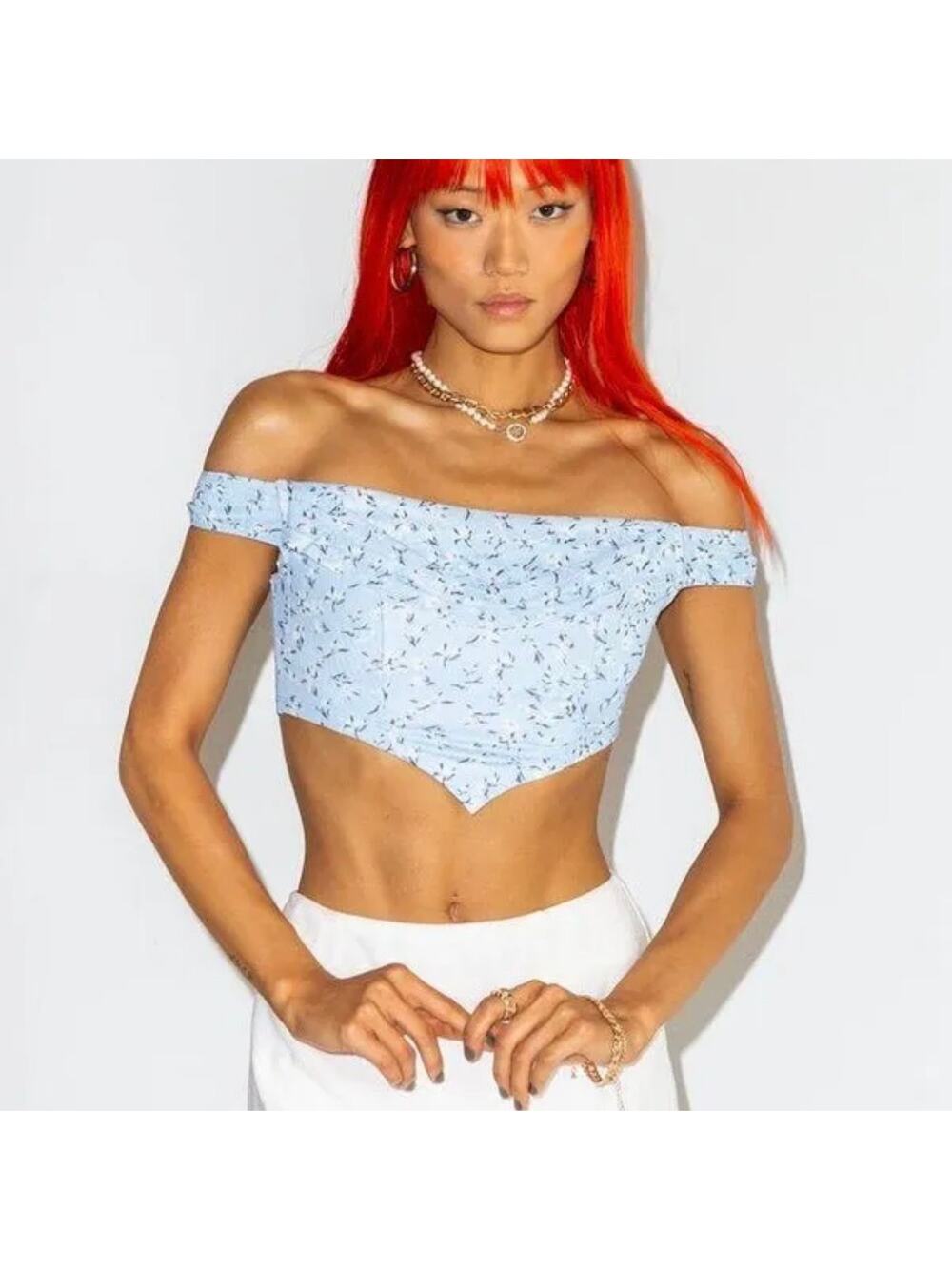 Princess Polly Jackson Blue Floral NWT 4 Off the Shoulder crop top Handkerchief